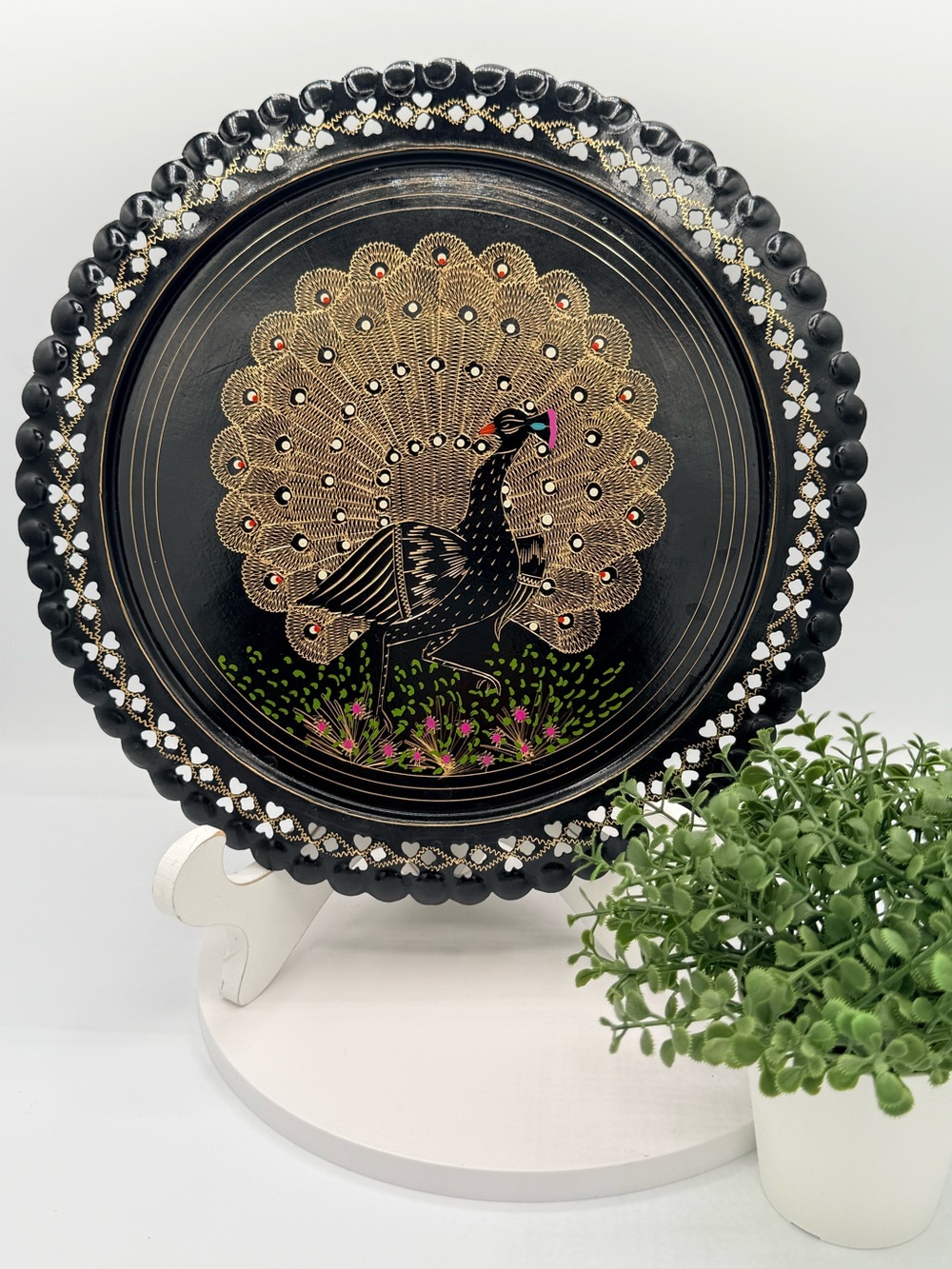 Vintage Black & Gold Hand Painted Peacock Plate